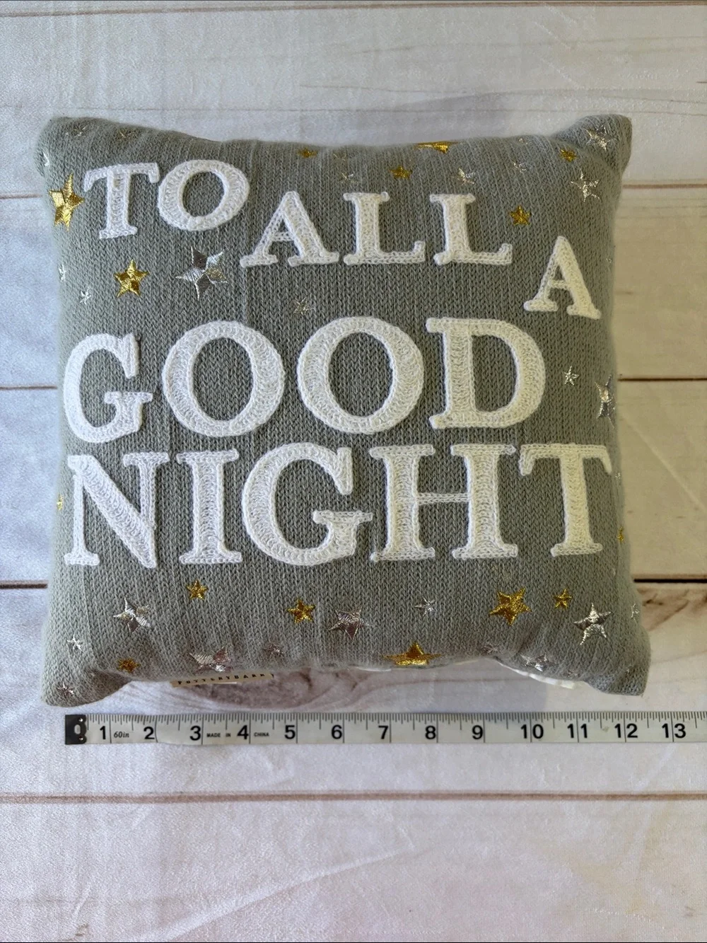 Pottery Barn Gray Holiday Pillow with White Lettering and Metallic Stars